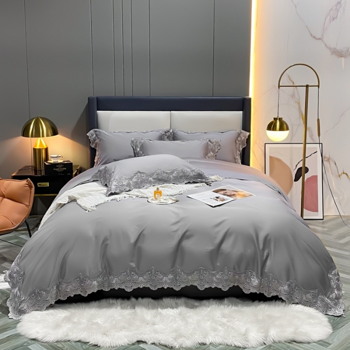 91家纺网 家纺一手货源 找家纺 缔缦家纺 2022新款100支长绒棉蕾丝四件套-夏丽尔公主 银灰