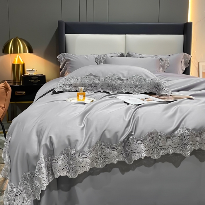 91家纺网 家纺一手货源 找家纺 缔缦家纺 2022新款100支长绒棉蕾丝四件套-夏丽尔公主 银灰