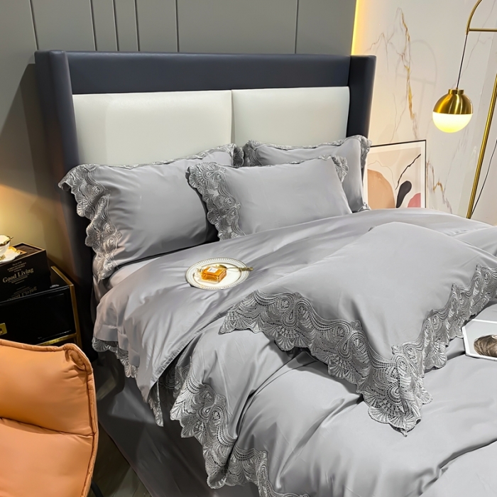 91家纺网 家纺一手货源 找家纺 缔缦家纺 2022新款100支长绒棉蕾丝四件套-夏丽尔公主 银灰