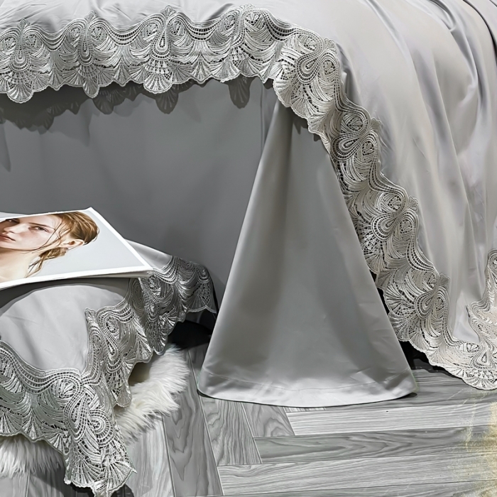 91家纺网 家纺一手货源 找家纺 缔缦家纺 2022新款100支长绒棉蕾丝四件套-夏丽尔公主 银灰