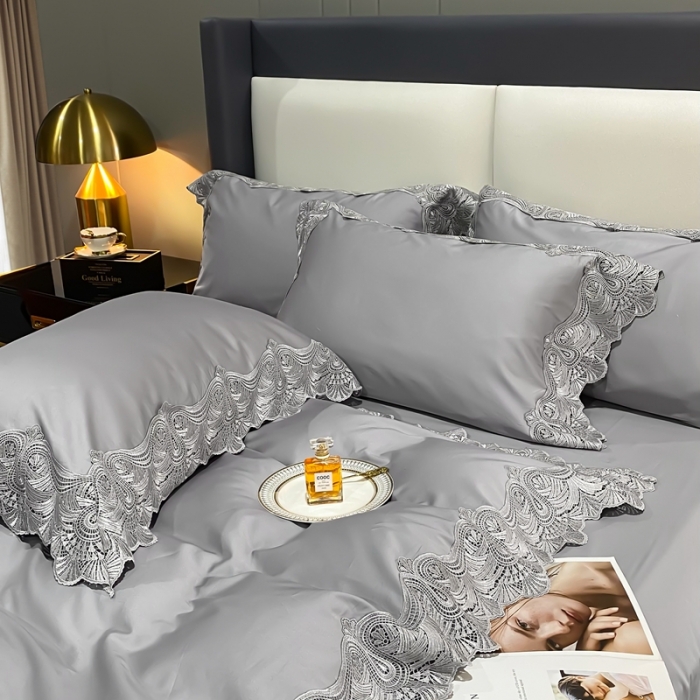 91家纺网 家纺一手货源 找家纺 缔缦家纺 2022新款100支长绒棉蕾丝四件套-夏丽尔公主 银灰