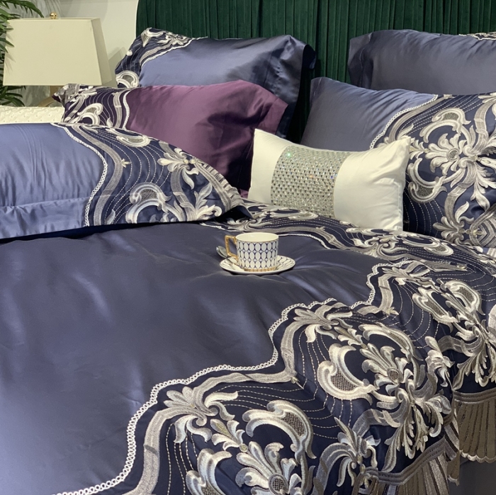 91家纺网 家纺一手货源 找家纺 缔缦家纺 2022新款重磅真丝棉系列四件套-巴萨湖畔 深蓝