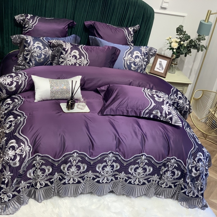 91家纺网 家纺一手货源 找家纺 缔缦家纺 2022新款重磅真丝棉系列四件套-巴萨湖畔 深紫
