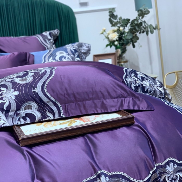 91家纺网 家纺一手货源 找家纺 缔缦家纺 2022新款重磅真丝棉系列四件套-巴萨湖畔 深紫