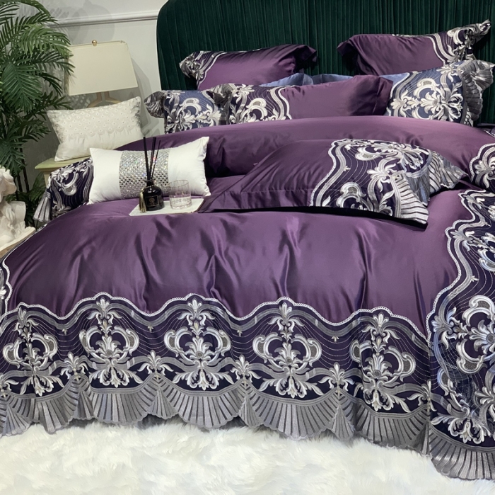 91家纺网 家纺一手货源 找家纺 缔缦家纺 2022新款重磅真丝棉系列四件套-巴萨湖畔 深紫