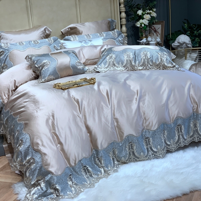 91家纺网 家纺一手货源 找家纺 缔缦家纺 2022新款重磅真丝棉系列四件套-粉黛丽人 香槟金