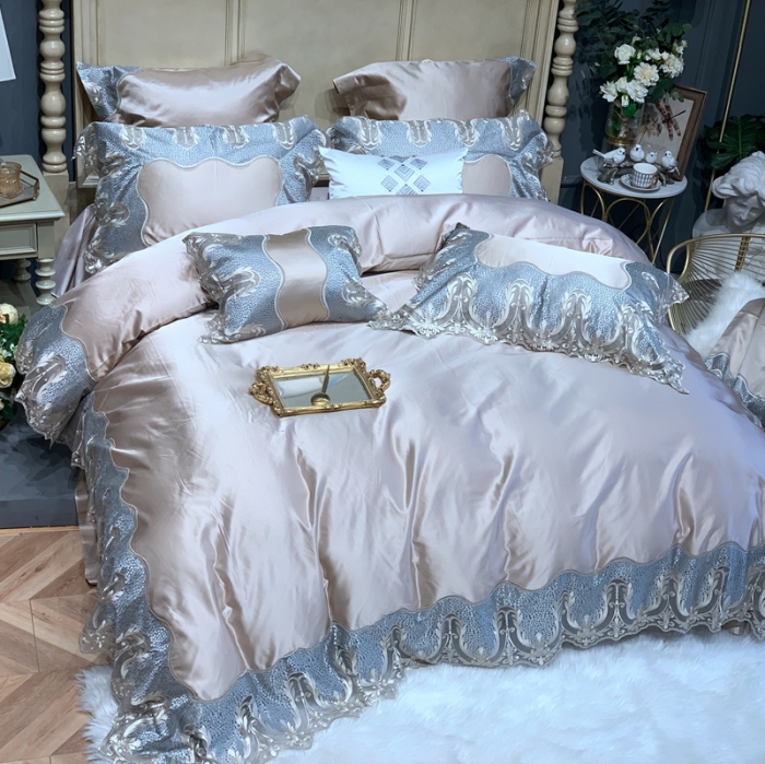 91家纺网 家纺一手货源 找家纺 缔缦家纺 2022新款重磅真丝棉系列四件套-粉黛丽人 香槟金