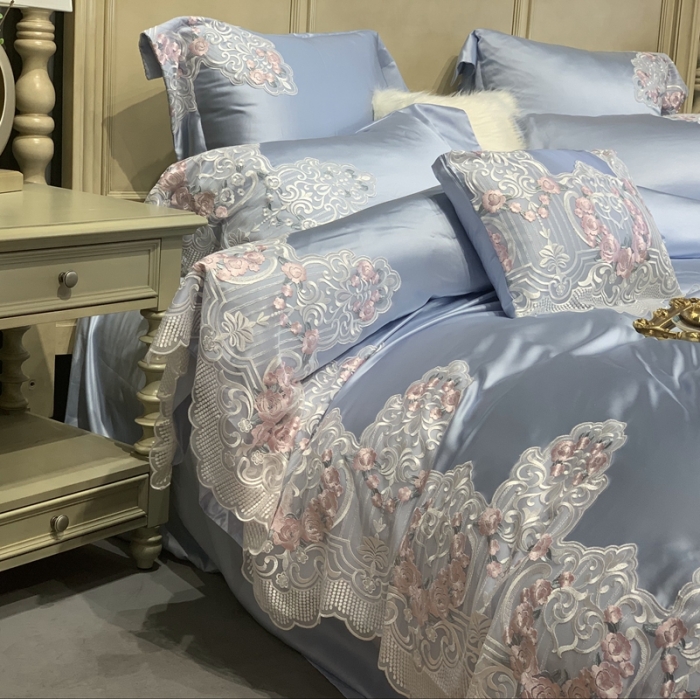 91家纺网 家纺一手货源 找家纺 缔缦家纺 2022新款重磅真丝棉系列四件套-蔷薇花园 蓝