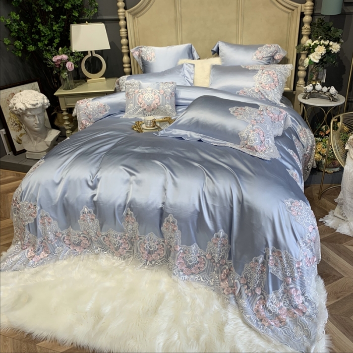 91家纺网 家纺一手货源 找家纺 缔缦家纺 2022新款重磅真丝棉系列四件套-蔷薇花园 蓝