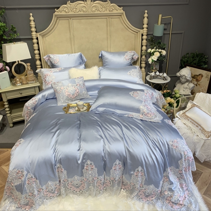 91家纺网 家纺一手货源 找家纺 缔缦家纺 2022新款重磅真丝棉系列四件套-蔷薇花园 蓝