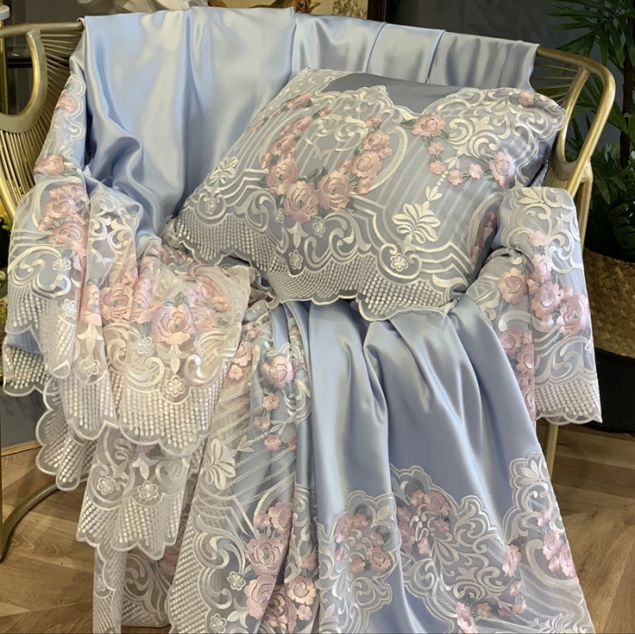91家纺网 家纺一手货源 找家纺 缔缦家纺 2022新款重磅真丝棉系列四件套-蔷薇花园 蓝