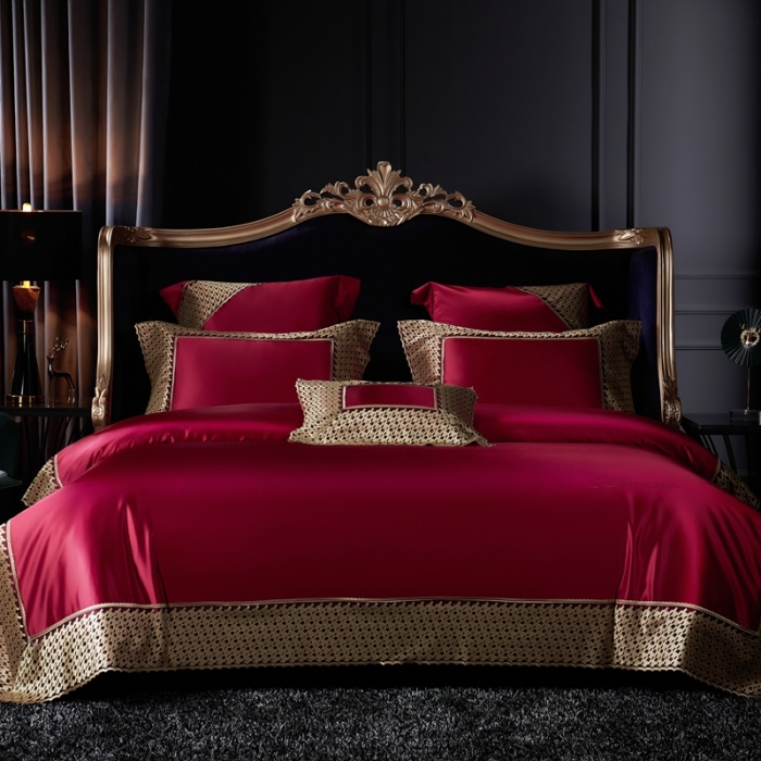 91家纺网 家纺一手货源 找家纺 缔缦家纺 2022新款重磅真丝棉系列四件套-幻影 酒红