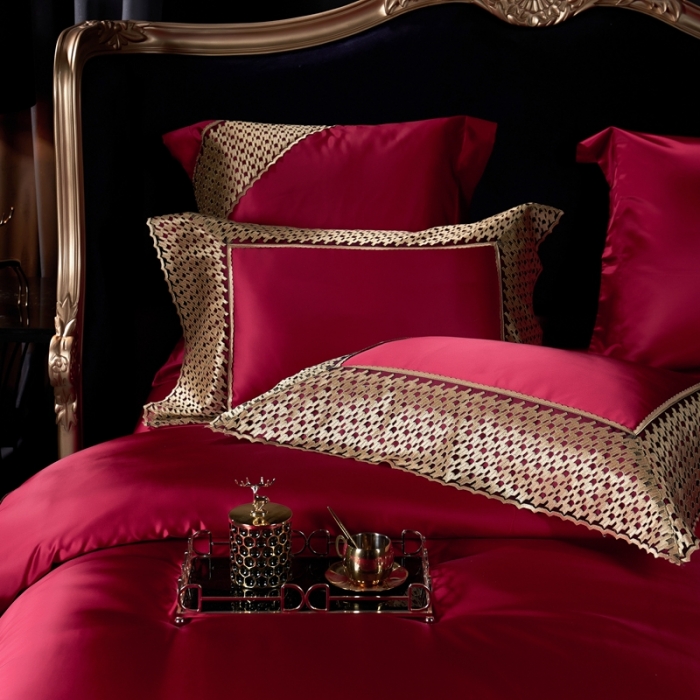 91家纺网 家纺一手货源 找家纺 缔缦家纺 2022新款重磅真丝棉系列四件套-幻影 酒红