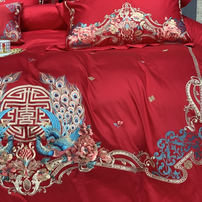 91家纺网 家纺一手货源 找家纺 缔缦 2022新款60s长绒棉婚庆四件套 比翼双飞