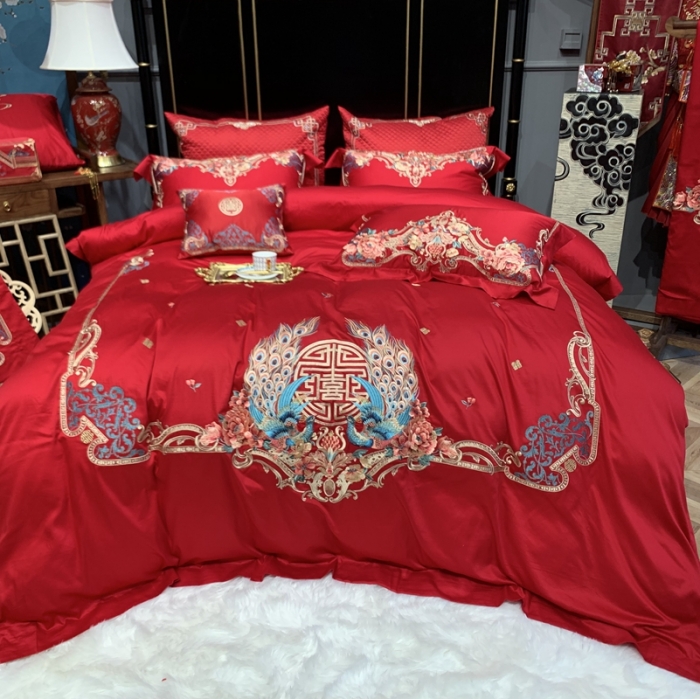 91家纺网 家纺一手货源 找家纺 缔缦 2022新款60s长绒棉婚庆四件套 比翼双飞