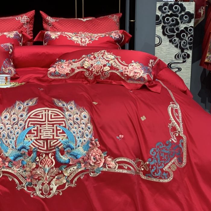 91家纺网 家纺一手货源 找家纺 缔缦 2022新款60s长绒棉婚庆四件套 比翼双飞