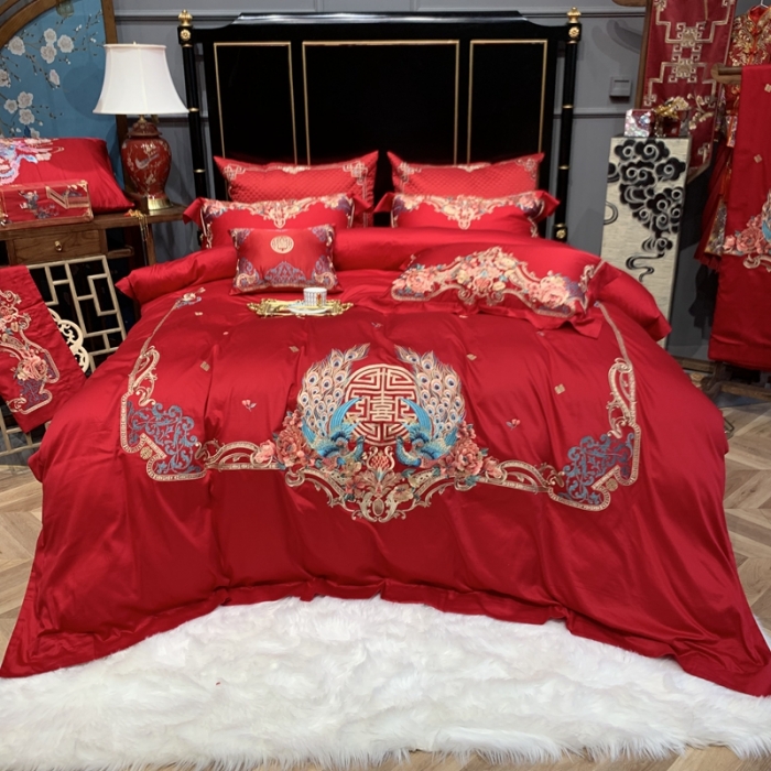 91家纺网 家纺一手货源 找家纺 缔缦 2022新款60s长绒棉婚庆四件套 比翼双飞