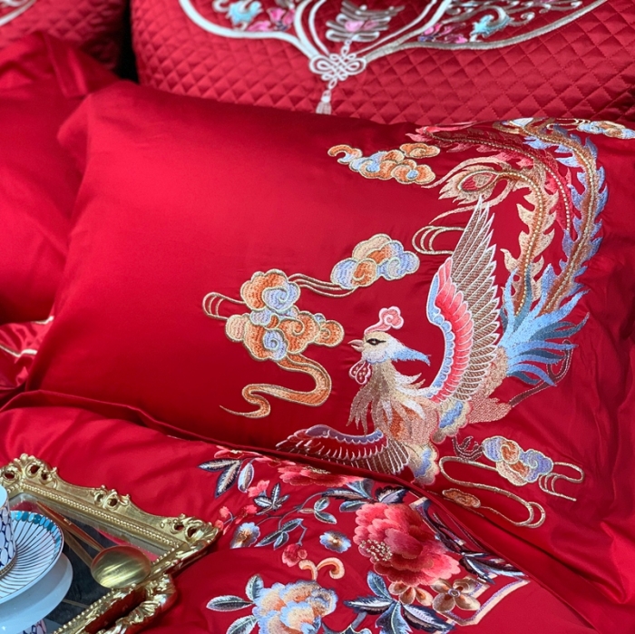 91家纺网 家纺一手货源 找家纺 缔缦 2022新款60s长绒棉婚庆四件套 龙跃凤鸣