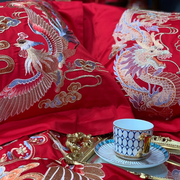 91家纺网 家纺一手货源 找家纺 缔缦 2022新款60s长绒棉婚庆四件套 龙跃凤鸣