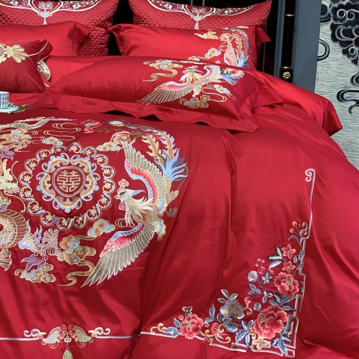 91家纺网 家纺一手货源 找家纺 缔缦 2022新款60s长绒棉婚庆四件套 龙跃凤鸣