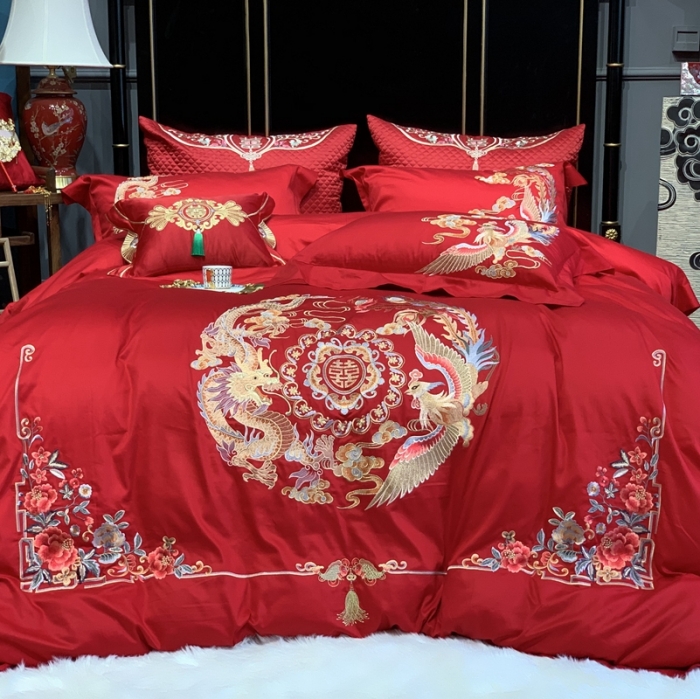 91家纺网 家纺一手货源 找家纺 缔缦 2022新款60s长绒棉婚庆四件套 龙跃凤鸣