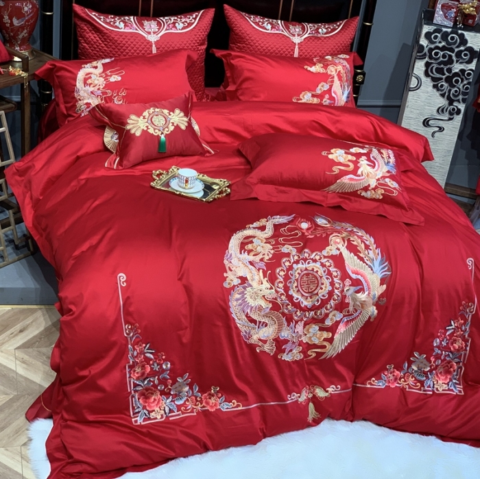 91家纺网 家纺一手货源 找家纺 缔缦 2022新款60s长绒棉婚庆四件套 龙跃凤鸣
