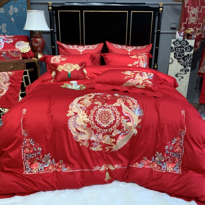 91家纺网 家纺一手货源 找家纺 缔缦 2022新款60s长绒棉婚庆四件套 龙跃凤鸣