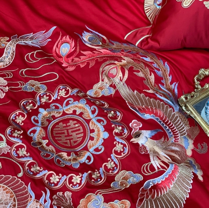 91家纺网 家纺一手货源 找家纺 缔缦 2022新款60s长绒棉婚庆四件套 龙跃凤鸣