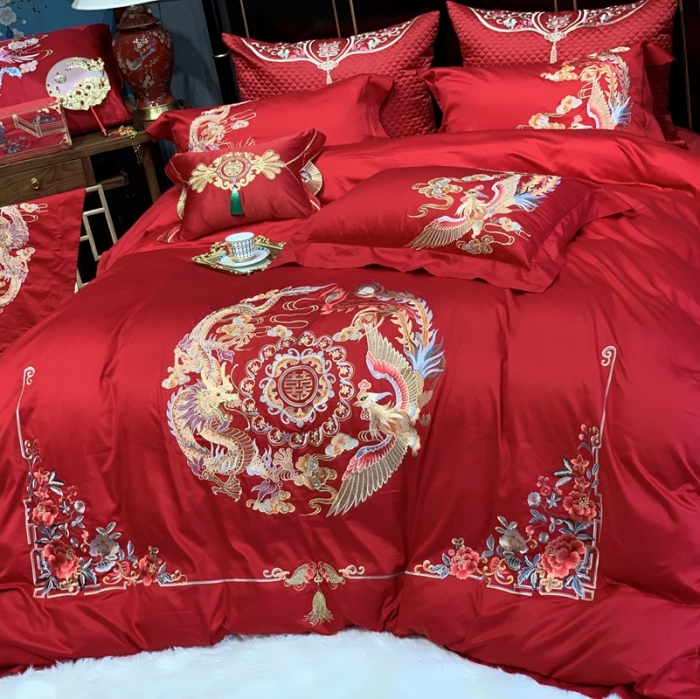91家纺网 家纺一手货源 找家纺 缔缦 2022新款60s长绒棉婚庆四件套 龙跃凤鸣