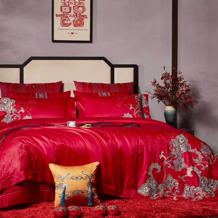 91家纺网 家纺一手货源 找家纺 缔缦 2022新款60s长绒棉婚庆四件套 织云绣霞