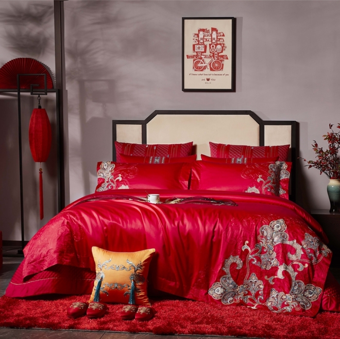 91家纺网 家纺一手货源 找家纺 缔缦 2022新款60s长绒棉婚庆四件套 织云绣霞