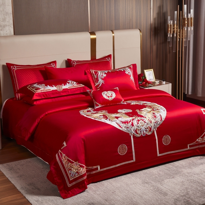 91家纺网 家纺一手货源 找家纺 缔缦 2022新款60s长绒棉婚庆四件套 紫气东来场景1