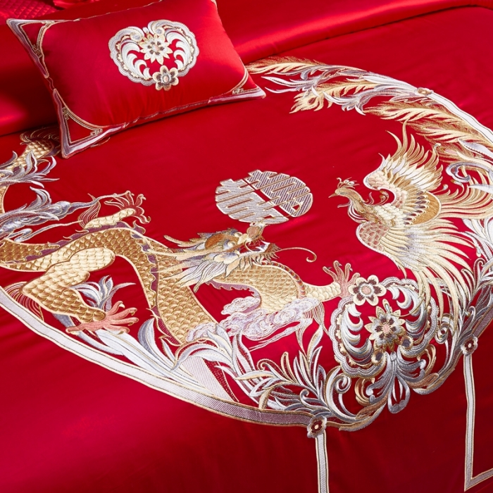 91家纺网 家纺一手货源 找家纺 缔缦 2022新款60s长绒棉婚庆四件套 紫气东来场景1