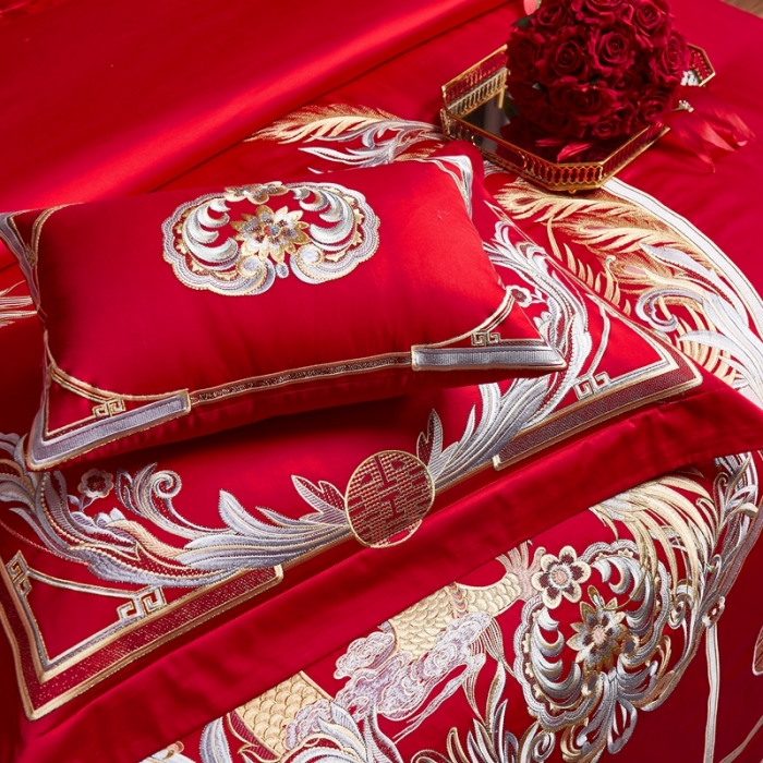 91家纺网 家纺一手货源 找家纺 缔缦 2022新款60s长绒棉婚庆四件套 紫气东来场景1