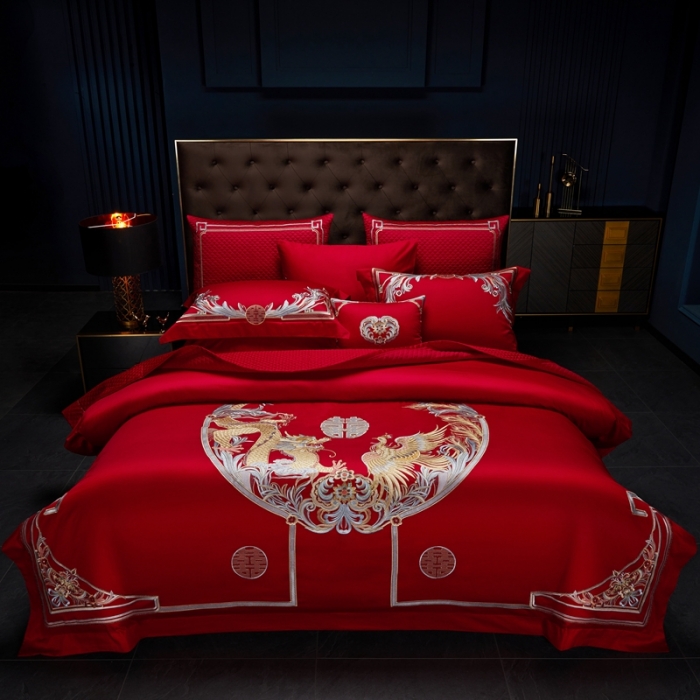 91家纺网 家纺一手货源 找家纺 缔缦 2022新款60s长绒棉婚庆四件套 紫气东来场景2