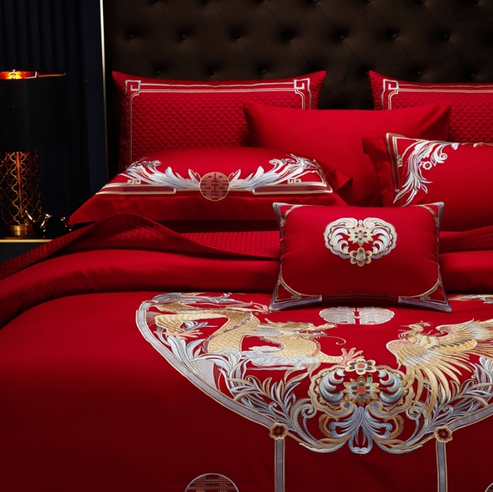 91家纺网 家纺一手货源 找家纺 缔缦 2022新款60s长绒棉婚庆四件套 紫气东来场景2