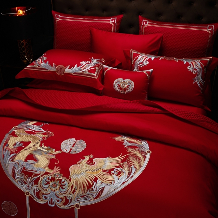 91家纺网 家纺一手货源 找家纺 缔缦 2022新款60s长绒棉婚庆四件套 紫气东来场景2