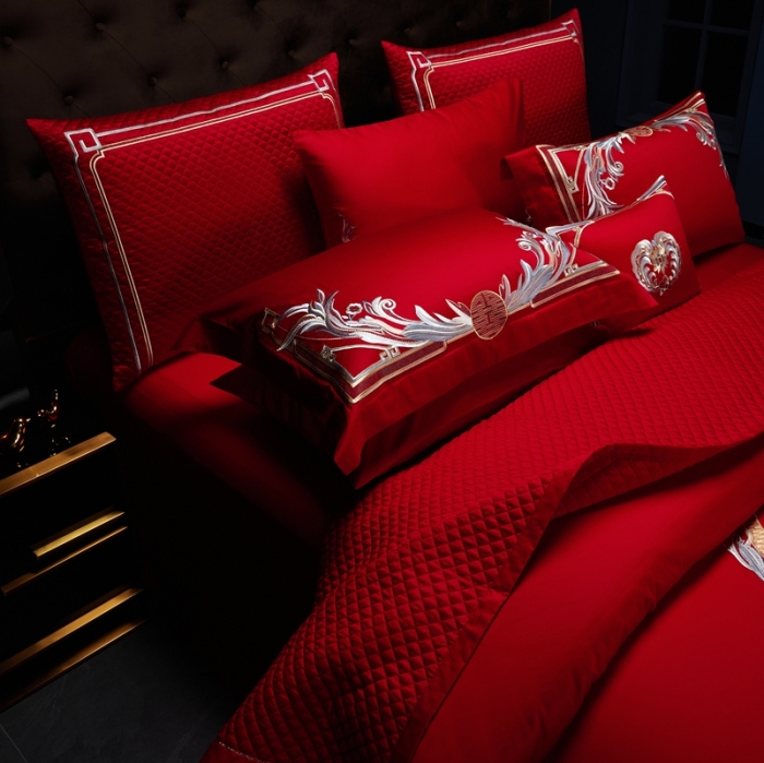 91家纺网 家纺一手货源 找家纺 缔缦 2022新款60s长绒棉婚庆四件套 紫气东来场景2