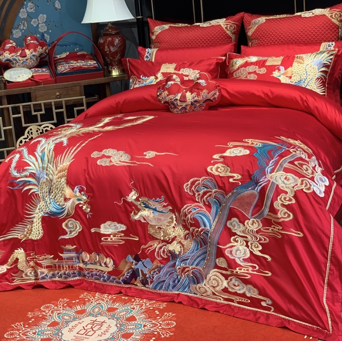 91家纺网 家纺一手货源 找家纺 缔缦 2022新款全棉婚庆系列四件套多件套 龙飞凤舞