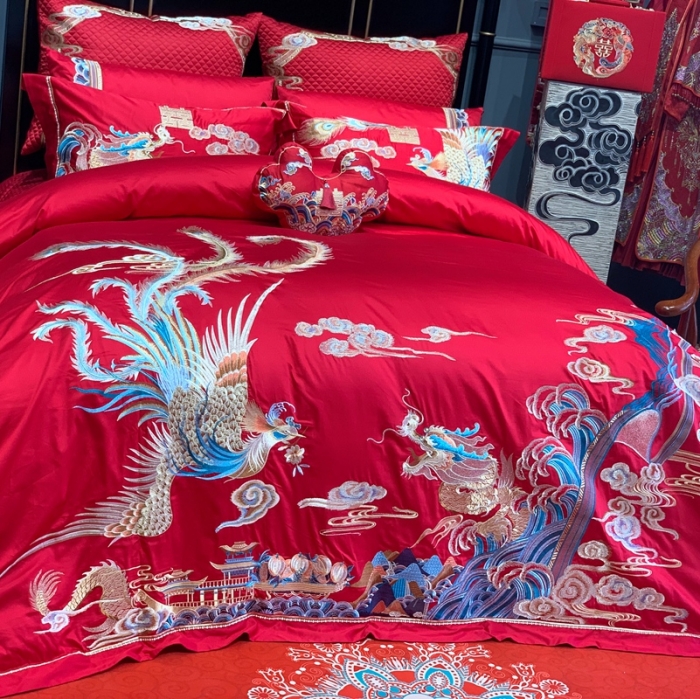 91家纺网 家纺一手货源 找家纺 缔缦 2022新款全棉婚庆系列四件套多件套 龙飞凤舞