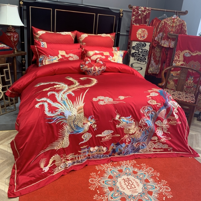 91家纺网 家纺一手货源 找家纺 缔缦 2022新款全棉婚庆系列四件套多件套 龙飞凤舞