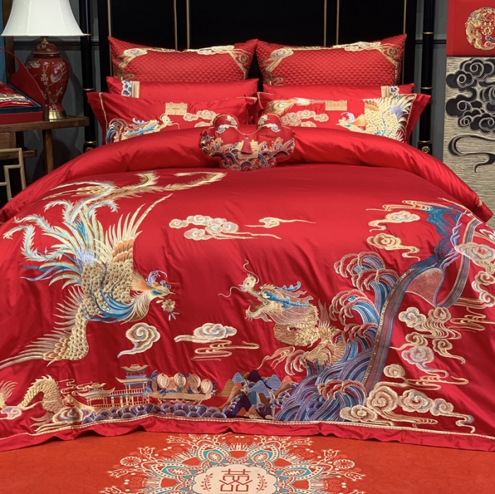 91家纺网 家纺一手货源 找家纺 缔缦 2022新款全棉婚庆系列四件套多件套 龙飞凤舞