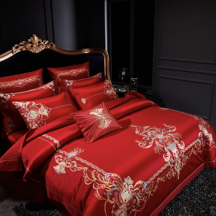 91家纺网 家纺一手货源 找家纺 缔缦 2022新款全棉婚庆系列四件套多件套 金色华尔兹场景1