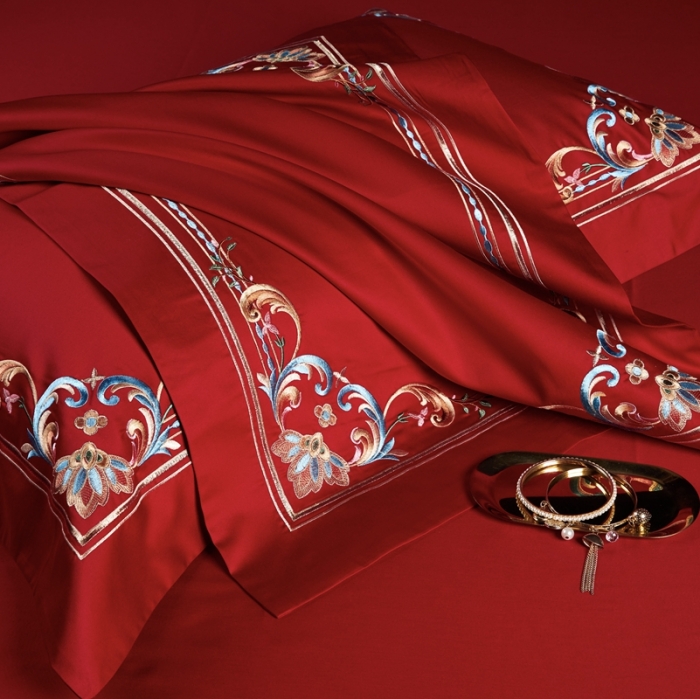 91家纺网 家纺一手货源 找家纺 缔缦 2022新款全棉婚庆系列四件套多件套 金色华尔兹场景1