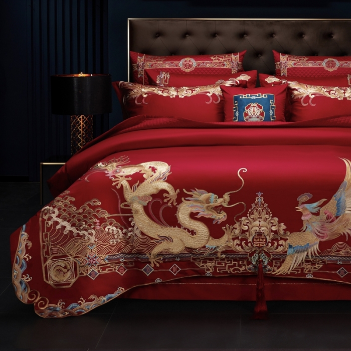 91家纺网 家纺一手货源 找家纺 缔缦 2022新款全棉婚庆系列四件套多件套 龙翔凤瑞场景1