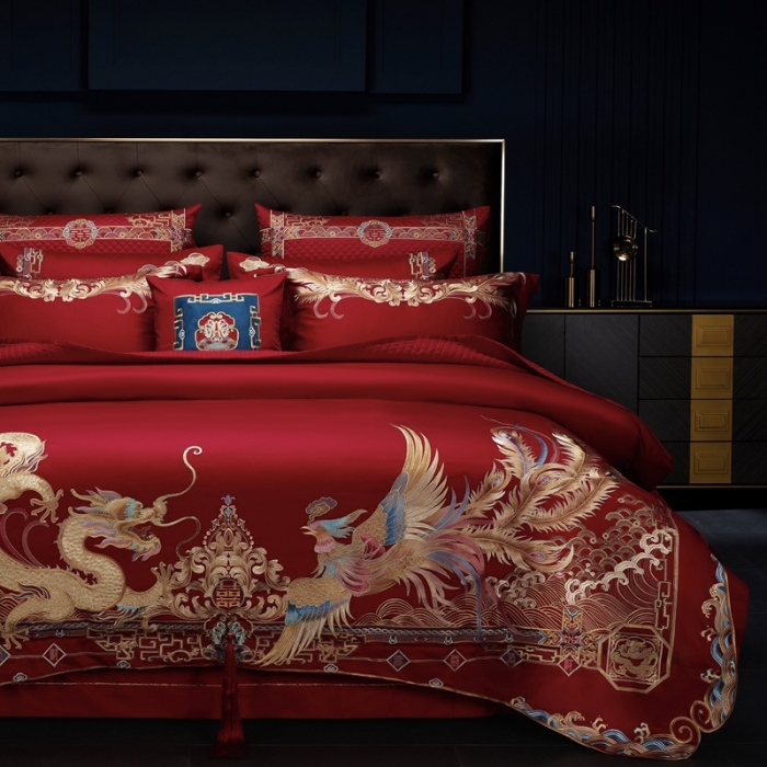 91家纺网 家纺一手货源 找家纺 缔缦 2022新款全棉婚庆系列四件套多件套 龙翔凤瑞场景1