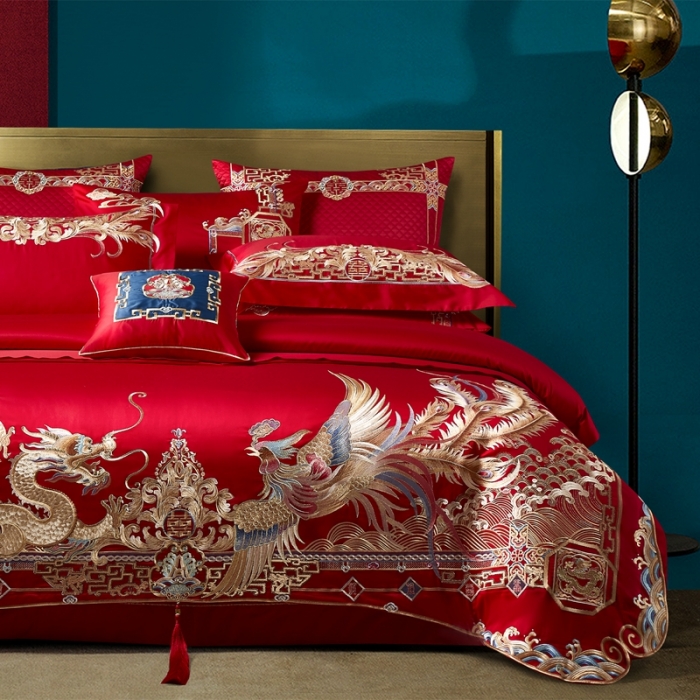 91家纺网 家纺一手货源 找家纺 缔缦 2022新款全棉婚庆系列四件套多件套 龙翔凤瑞场景2