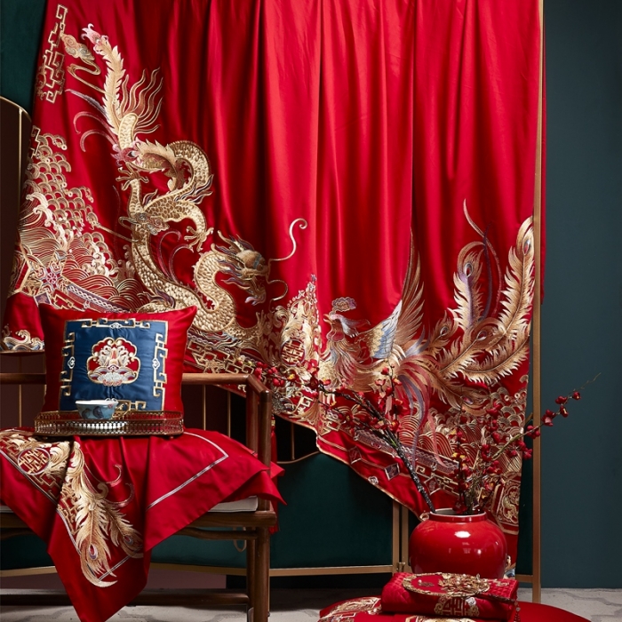 91家纺网 家纺一手货源 找家纺 缔缦 2022新款全棉婚庆系列四件套多件套 龙翔凤瑞场景2