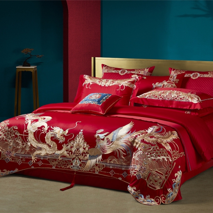 91家纺网 家纺一手货源 找家纺 缔缦 2022新款全棉婚庆系列四件套多件套 龙翔凤瑞场景2