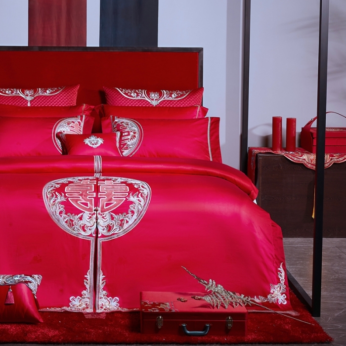 91家纺网 家纺一手货源 找家纺 缔缦 2022新款全棉婚庆系列四件套多件套 喜妆场景1